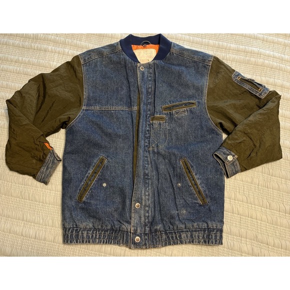 Faded Glory Vintage Denim Bomber Jacket Orange Quilt Lined Green Sleeves YXL